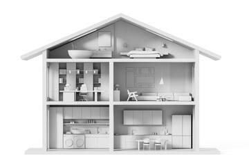 Cross-sectional view of modern minimalist house interior showing multiple furnished rooms in white...