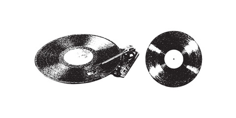 Vintage vinyl records halftone stipple elements with photocopy effect. gramophone discs Grunge punk dotted stickers for collage, modern retro vector illustration for poster, print, music cover