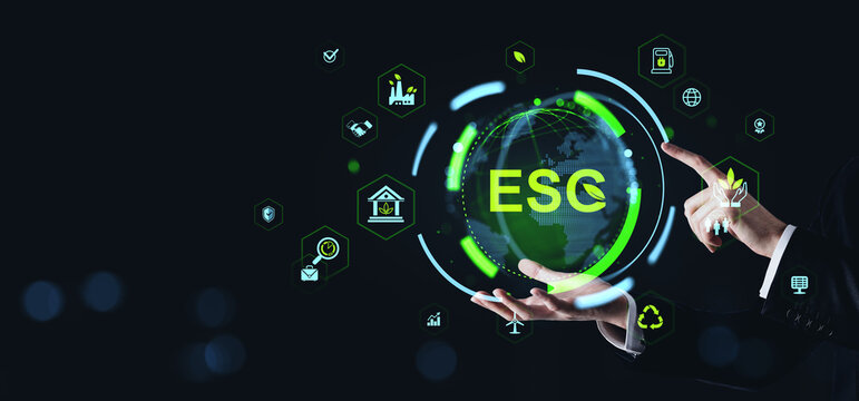 ESG concept with digital globe and icons representing environmental, social, and governance factors on a futuristic dark background interface.
