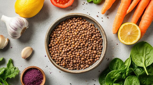 Healthy lentil bowl, fresh ingredients