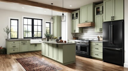 Sage Green Kitchen Cabinets Feature Black Hardware