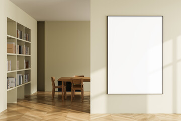 Empty poster mockup on beige wall in modern interior with wooden floor, bookshelf, and dining table...