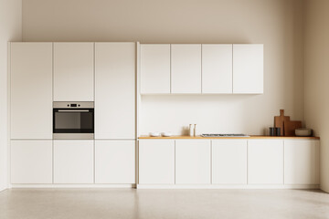 Minimalist modern kitchen concept with white cabinets and wooden countertop in clean interior setting on beige background. 3D Rendering