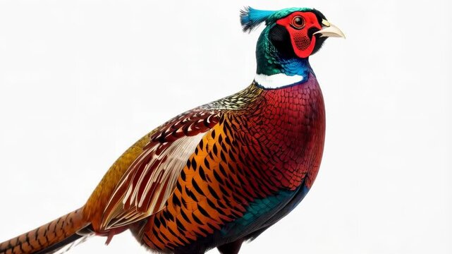 Vibrant pheasant with colorful plumage standing against clean white background, showcasing feathers, texture, and iridescence