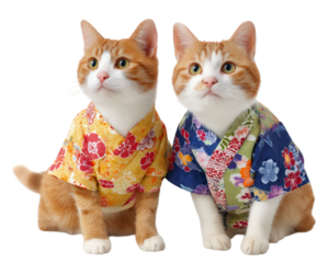 Two adorable orange and white cats wearing traditional Japanese kimono and yukata, sitting side by side, floral patterns, cheerful and cute, isolated on transparency background