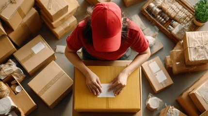 Above table top view of female warehouse worker or seller packing ecommerce shipping order box for dispatching, preparing post courier delivery package, dropshipping shipment service concept., no log
