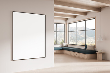 Interior mockup with large blank poster on white wall and cozy seating area beside panoramic...