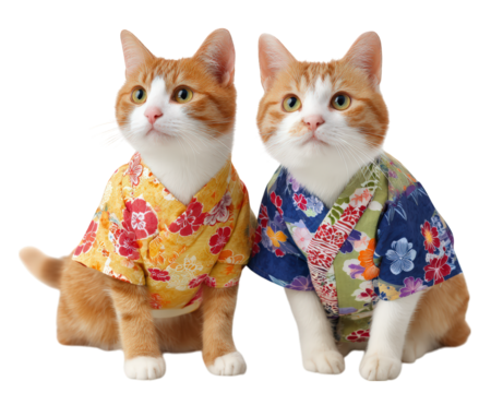 Two adorable orange and white cats wearing traditional Japanese kimono and yukata, sitting side by side, floral patterns, cheerful and cute, isolated on transparency background