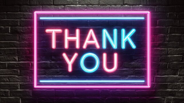 AI generated image a vibrant neon sign against a dark brick wall features 'THANK YOU' in bright pink and blue within a glowing pink square outline, creating a modern and eye-catching display