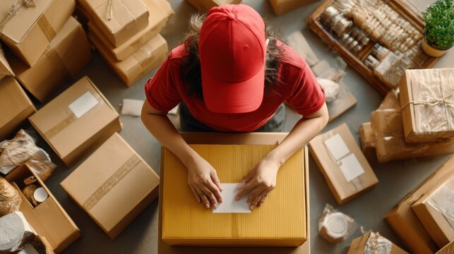 Above table top view of female warehouse worker or seller packing ecommerce shipping order box for dispatching, preparing post courier delivery package, dropshipping shipment service concept., no log