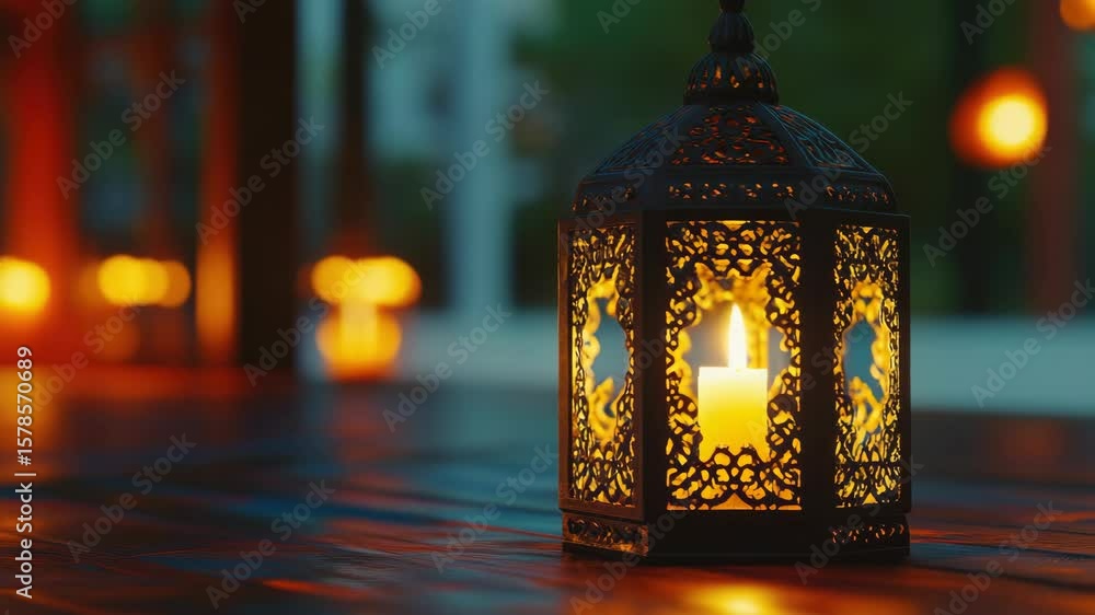 Poster a candle is lit in a lantern. the lantern is on a wooden table. the table is in front of a window