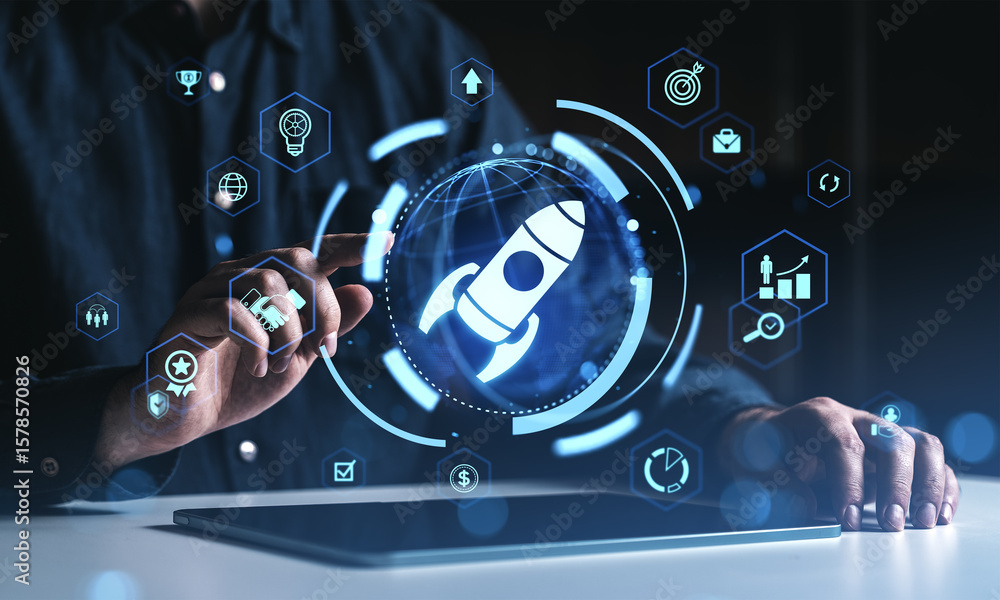 Poster futuristic digital interface with rocket icon symbolizing startup launch and innovation concept in f
