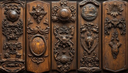 Ornate wooden panels feature detailed carvings of flowers and other designs. Use as a texture for backgrounds, overlays, or graphic design elements.