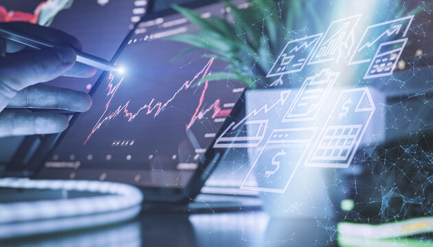 stylus to interact with stock chart on tablet, overlaid with glowing finance icons symbolizing analytics, data, and investment.