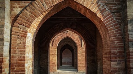 Ancient brick arches, a historical walkway, leading into a dark tunnel.