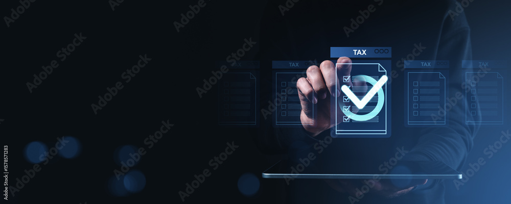 Poster digital tax document approval concept with holographic forms and checkmark interface on a dark backg