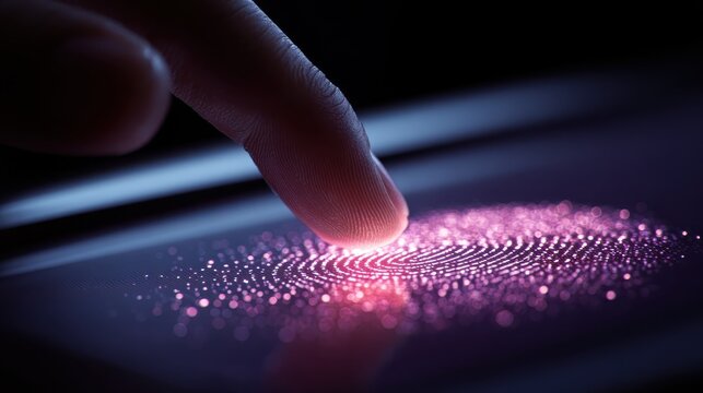 Close-up of a finger scanning a fingerprint on a futuristic, pink-lit device. The scanned fingerprint is digitally displayed as glowing dots. High-tech security or biometric identification concept.