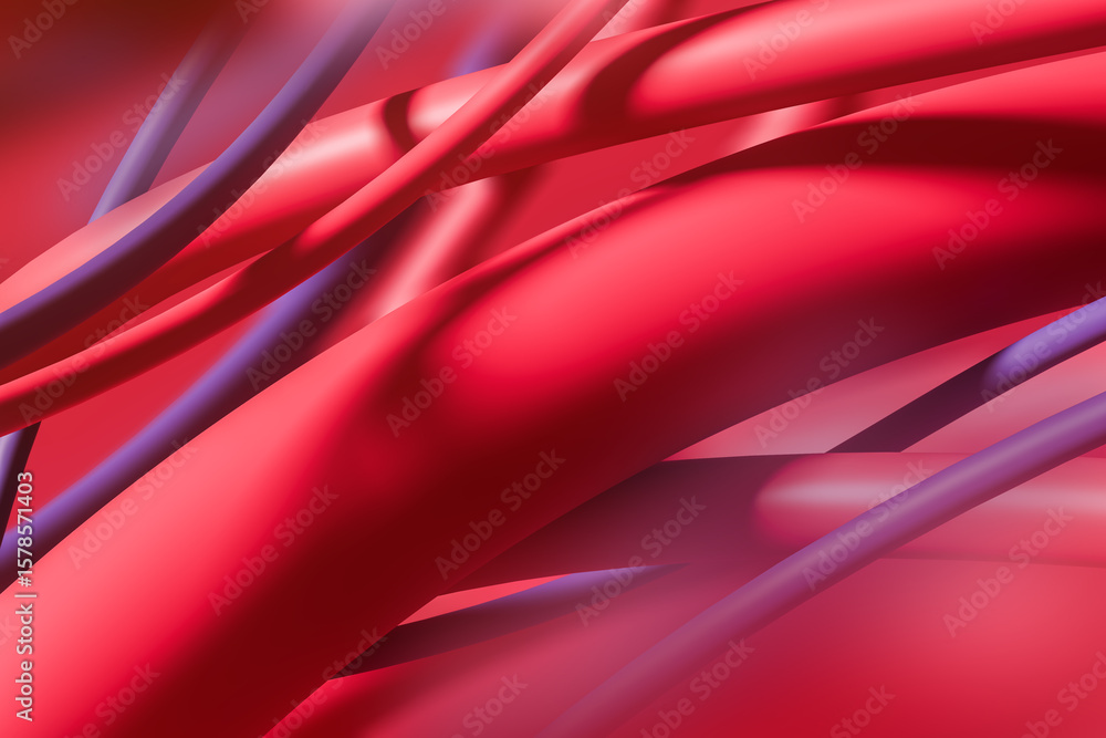Fototapete Abstract red and violet flowing tubes on gradient background representing digital fluidity and dynamic motion concept in 3D rendering style. 3D Rendering