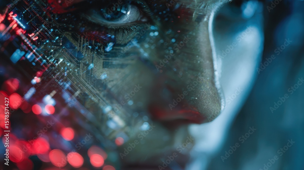 Aufkleber dynamic image of a tech environment with a central blurred face amidst glowing digital lights and ci