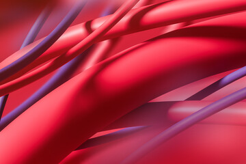 Abstract red and violet flowing tubes on gradient background representing digital fluidity and...