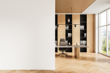 Modern office interior with empty white wall and wooden elements for poster or artwork mockup...