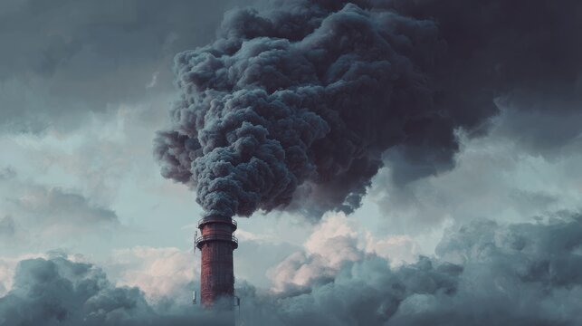 A smokestack emitting black smoke into the sky, an industrial scene