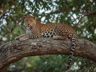 Obraz premium Elegant leopard rests peacefully on a sturdy tree branch in its natural habitat, displaying its captivating spotted pattern.