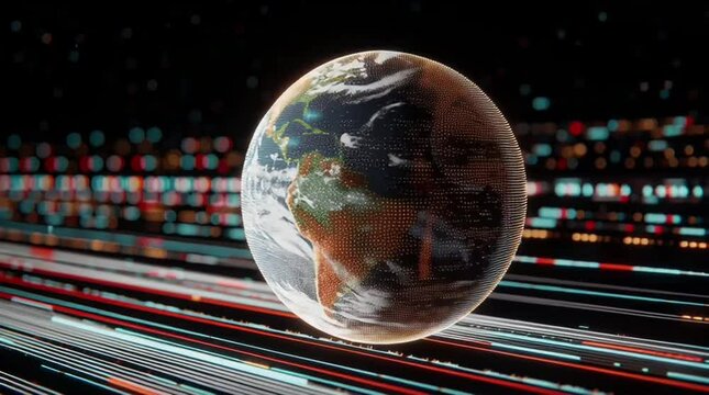 A digital rendering of planet Earth hovers above vibrant, illuminated data streams, symbolizing global connectivity.