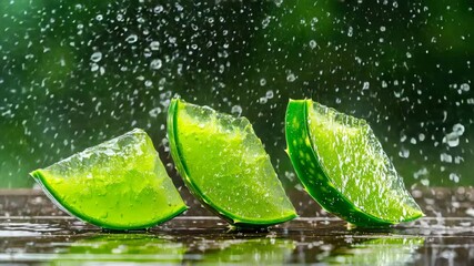 Fresh lime wedges splashing in water droplets on wooden surface in a vibrant garden setting - Powered by Adobe