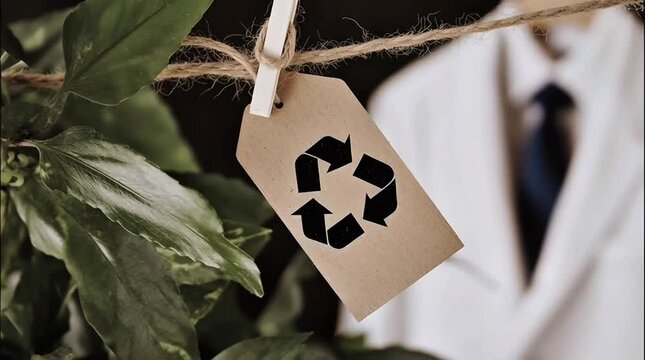 A recycled paper tag with a recycling symbol hangs on a string above green leaves, promoting environmental awareness.