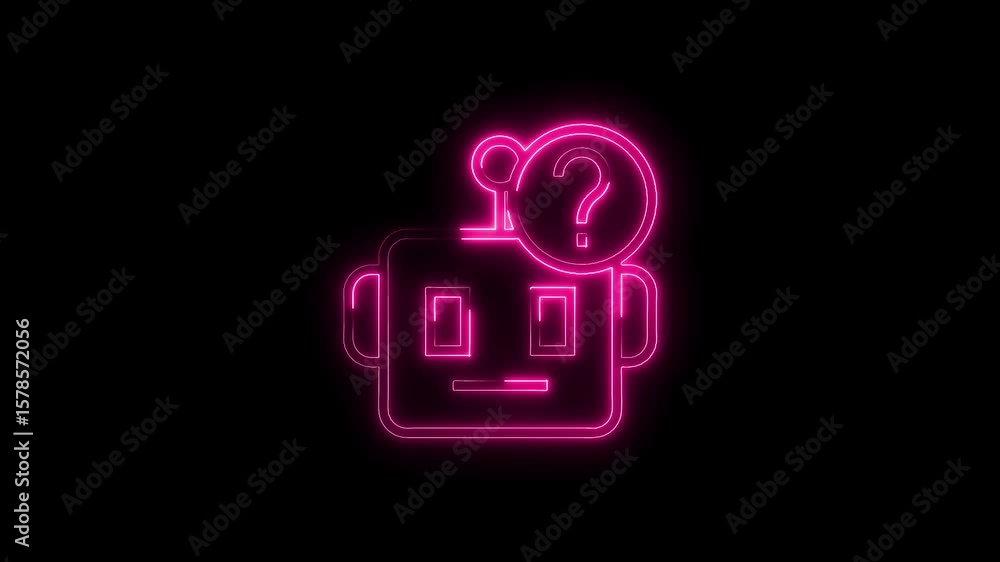 Poster confused robot artificial intelligence in neon pink outline glow with question mark symbol
