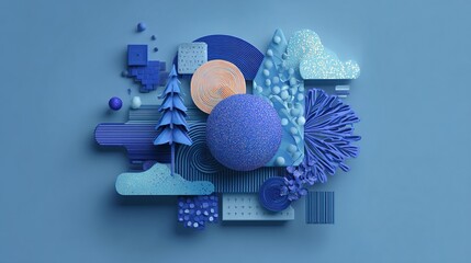 3D scene geometric forms, tree, cloud, in shades of blue/peach on blue background