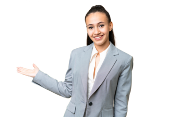 Young Arabian woman over isolated chroma key background extending hands to the side for inviting to come