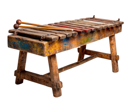 Wooden xylophone percussion instrument rustic colorful mallets isolated traditional music vintage handcrafted evokes nostalgia and creativity