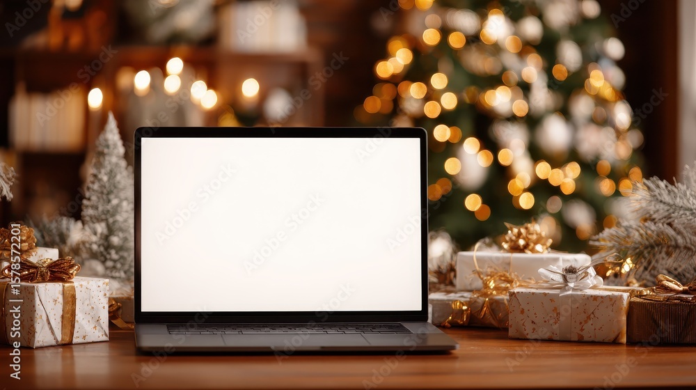 Poster laptop computer with white blank empty mock up screen on merry christmas table with presents gifts, 
