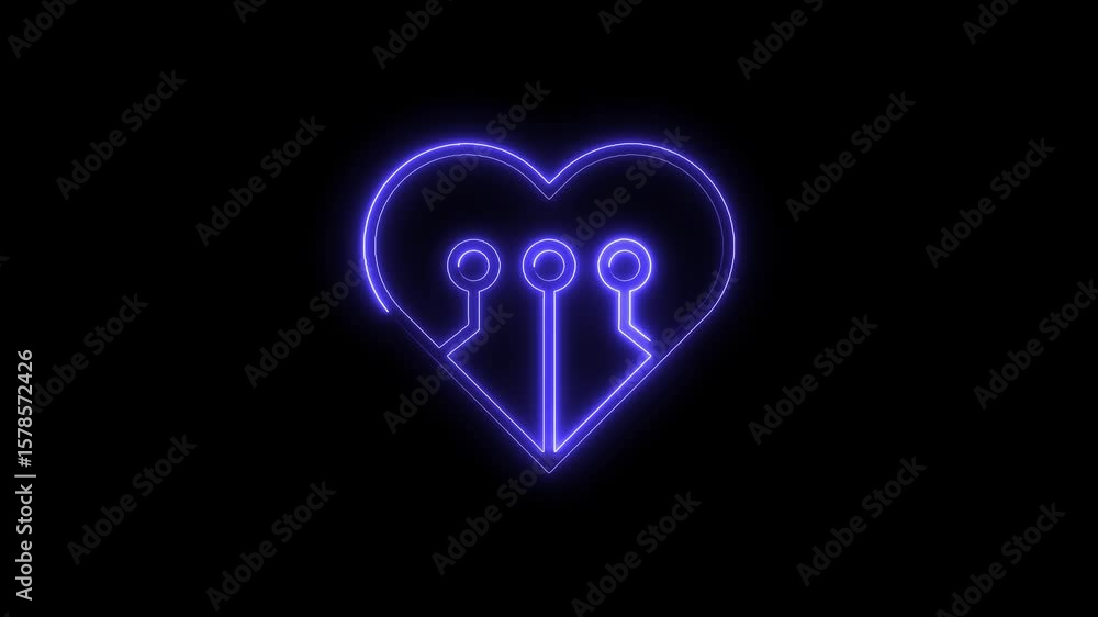 Poster neon heart circuit shape glowing with artificial intelligence on black background technology connect