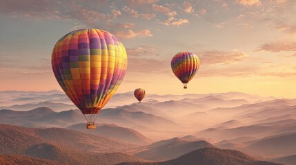 Obraz premium Hot air balloons flying over scenic landscape at sunrise leisure travel destination