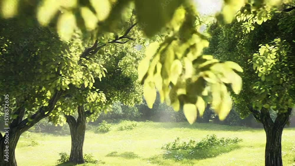 Poster sunbeams filtering through trees in a lush green forest