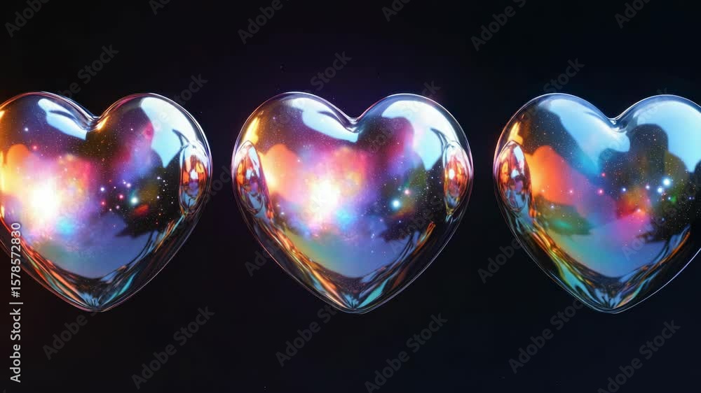 Aufkleber set of four heart-shaped objects with vibrant cosmic patterns and reflections