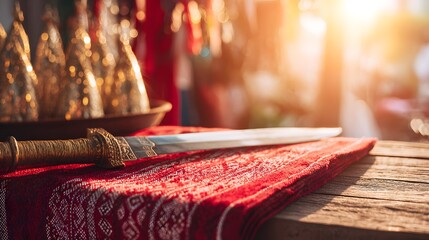 Red-and-white batik textile beside a traditional keris dagger, celebrating Indonesian Independence Day with cultural pride.