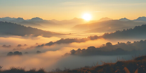 Fototapeta premium Sunrise Over Foggy Mountain Hills