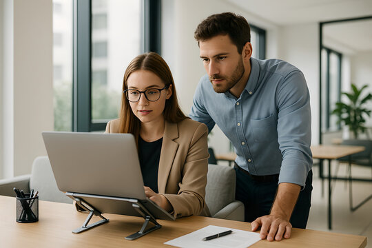 Woman working on laptop with man looking over shoulder in office setting at desk area