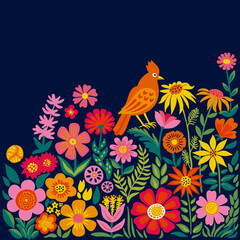 A bright and playful floral illustration is a red bird among bright flowers on dark blue background with a copy space. Ideal for baby products, greeting cards, wall art, fabric prints, spring designs.