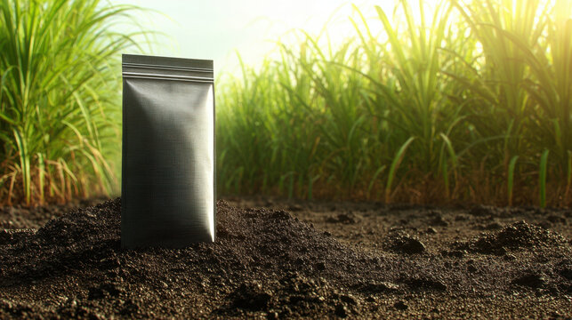fertile agricultural soil bag blank for mockup placed on the soil. In the background, sugarcane plantation with tall, high-end commercial agricultural ,product advertising style, 3d illustration.