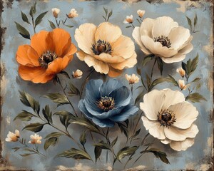 A canvas with orange, cream, blue, white poppies, and green leaves. Use as art print for home decor, card, or creative projects.