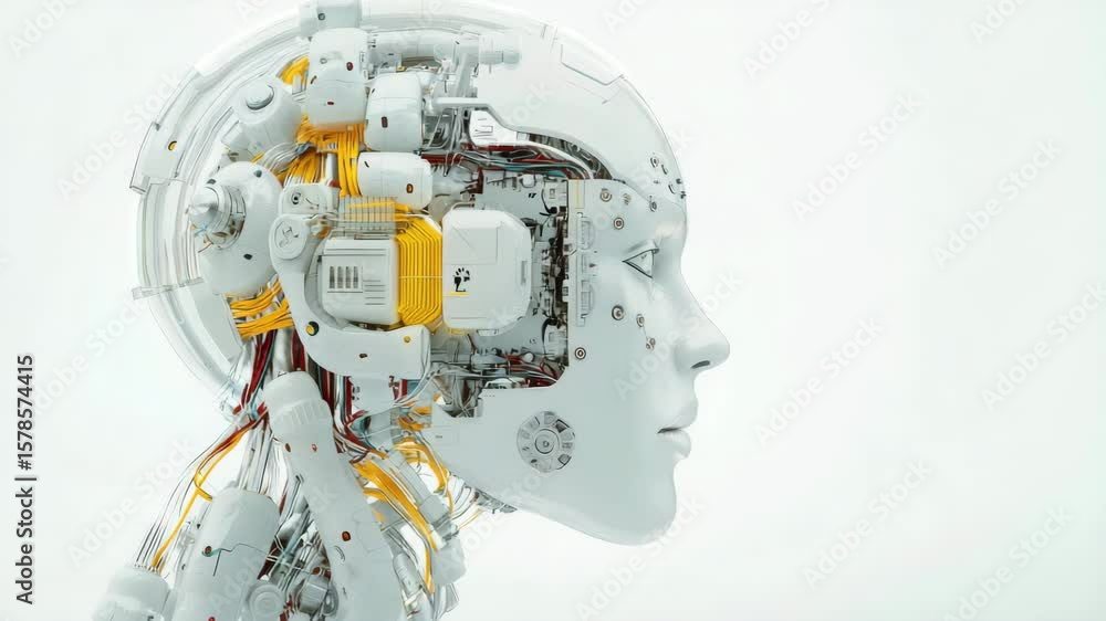 Poster robot head with intricate circuitry and design showcasing technology and innovation in a modern sett
