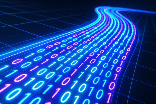Flowing stream of binary code with neon glow on a dark blue grid background design