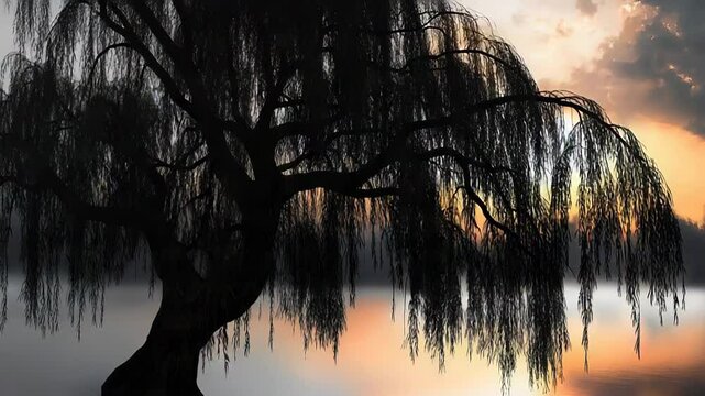 Weeping willow tree silhouette at sunrise reflecting in a misty lake