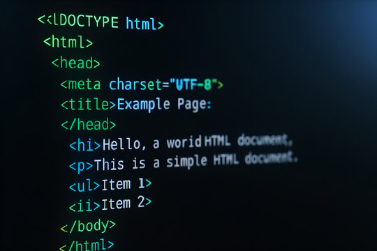 Close up of html code displayed on a screen showing tags and example page title text