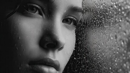A lonely woman stares out a window with rain outside it